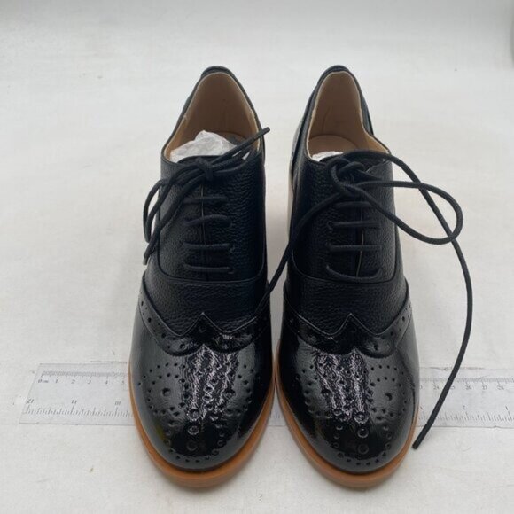 FOWT Women's Perforated Lace-Up Oxfords Almond Toe Mid Chunky Heel Black Shoes - Picture 3 of 8